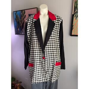 Vintage Bobbie Brooks Checkered Blazer Jacket Black Red Trim Women’s Large 16/18